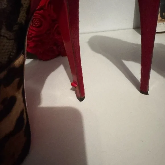 Christian Louboutin Leopard Print/Red Pony Hair and Black Lace Aeronotoc Booties - Picture 6 of 12